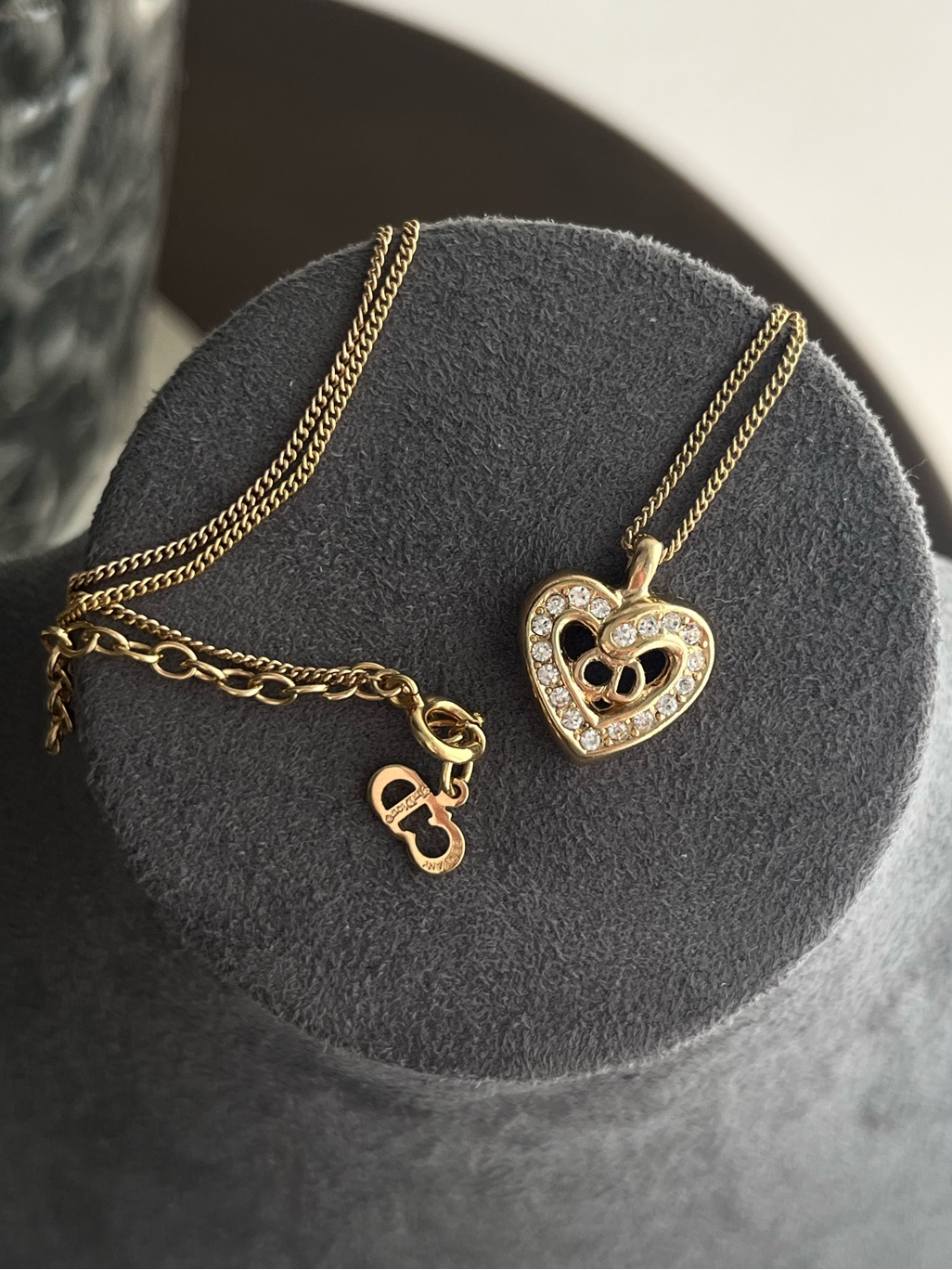 Authentic Vintage Dior Classic Monogram Rhinestone Heart Gold Chain Necklace